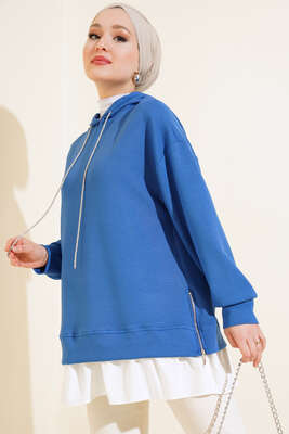 Altı Poplin Kapüşonlu Tunik Saks 