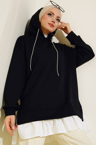 Altı Poplin Kapüşonlu Tunik Siyah - Tunik