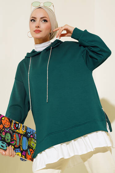 Altı Poplin Kapüşonlu Tunik Zümrüt - Tunik