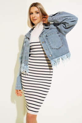 Altı Püsküllü Kısa Kot Ceket Mavi - Kadın Giyim Modelleri