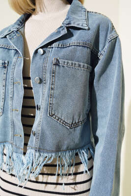 Altı Püsküllü Kısa Kot Ceket Mavi - Kadın Giyim Modelleri