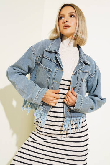 Altı Püsküllü Kısa Kot Ceket Mavi - Yeni Giyim