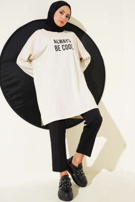 Always Baskılı Oversize Tunik Bej - Tunik
