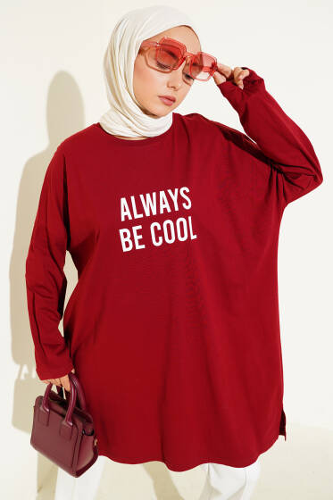 Always Baskılı Oversize Tunik Bordo - Tunik