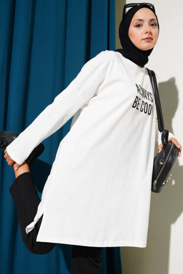 Always Baskılı Oversize Tunik Ekru - Tunik