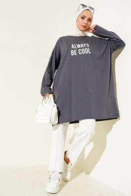 Always Baskılı Oversize Tunik Füme - Tunik