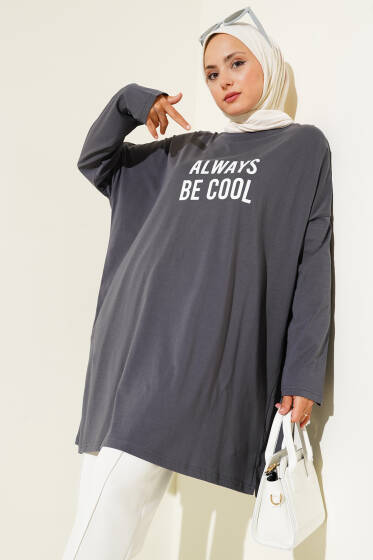 Always Baskılı Oversize Tunik Füme - Tunik