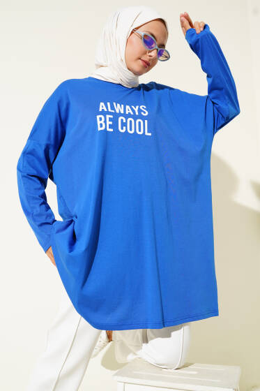 Always Baskılı Oversize Tunik Saks - Tunik