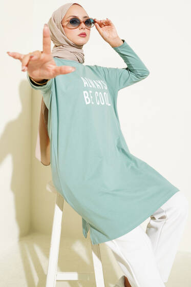 Always Be Cool Baskılı Tunik Çağla Yeşili - Yılın Fırsatı