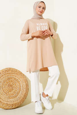 Always Be Cool Baskılı Tunik Latte - Yılın Fırsatı