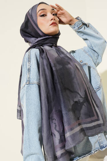 Amber Serisi Şerit Geçişli Şal Kayrak Grisi - Başörtüsü