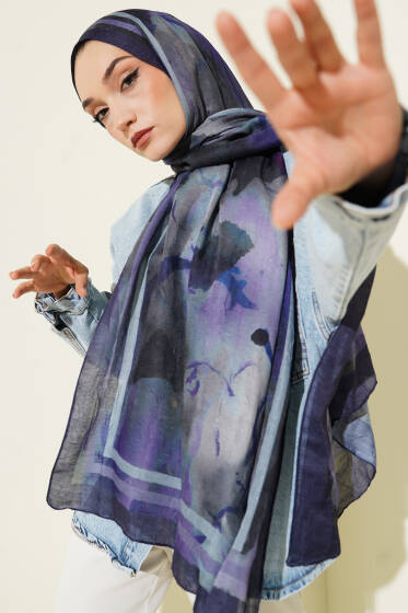 Amber Serisi Şerit Geçişli Şal Mor - Başörtüsü