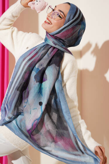 Amber Serisi Şerit Geçişli Şal Soft Mavi - Başörtüsü