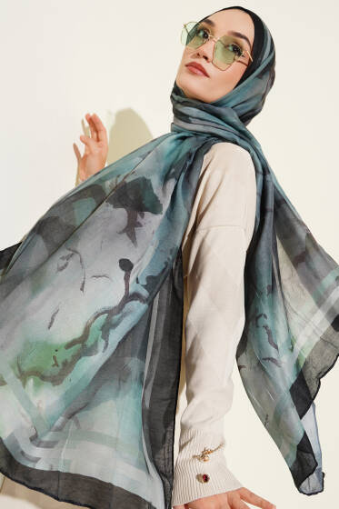 Amber Serisi Şerit Geçişli Şal Su Yeşili - Başörtüsü