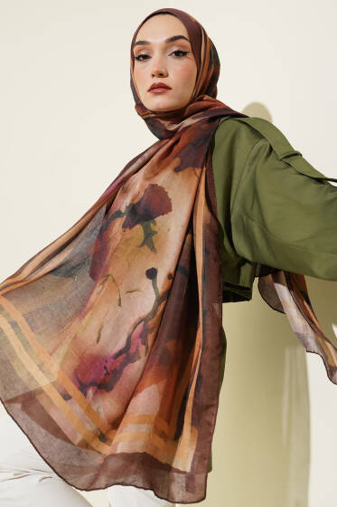 Amber Serisi Şerit Geçişli Şal Kahve - Başörtüsü