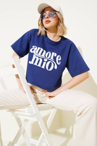 Amore Mio Baskılı T-shirt Lacivert - Kadın Giyim Modelleri