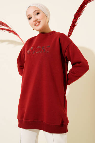 Amore Nakışlı Üç İplik Tunik Bordo - Tunik