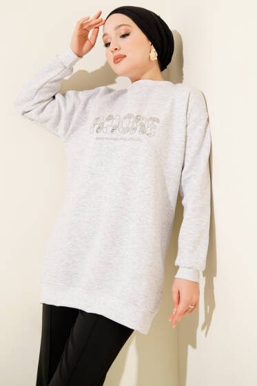 Amore Nakışlı Üç İplik Tunik Gri - Tunik