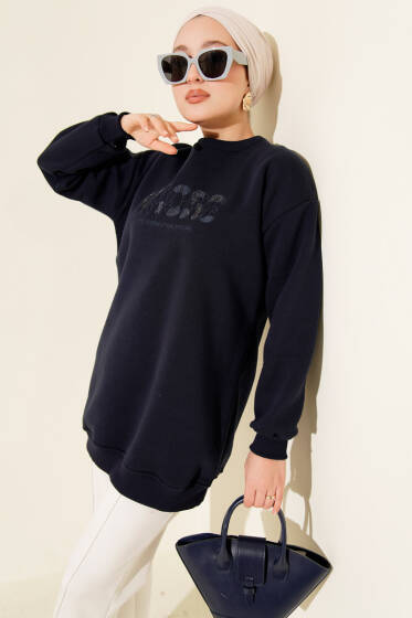 Amore Nakışlı Üç İplik Tunik Lacivert - Tunik