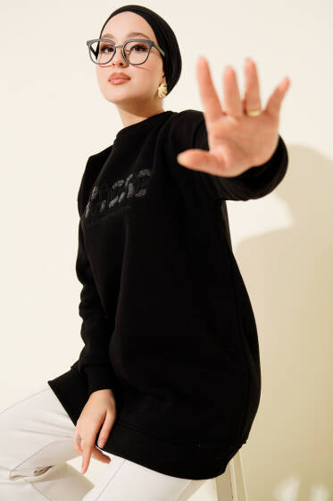 Amore Nakışlı Üç İplik Tunik Siyah - Tunik