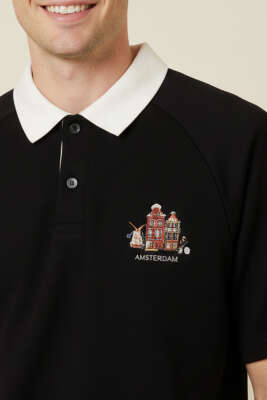 Amsterdam Baskılı Polo Yaka Erkek T-shirt Siyah - Erkek Siyah Tişört