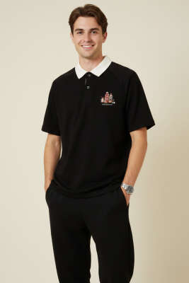 Amsterdam Baskılı Polo Yaka Erkek T-shirt Siyah - FRESHMAN