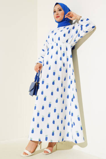 Ananas Desenli Bel Lastikli Terikoton Elbise Beyaz Saks - Beyaz Elbise