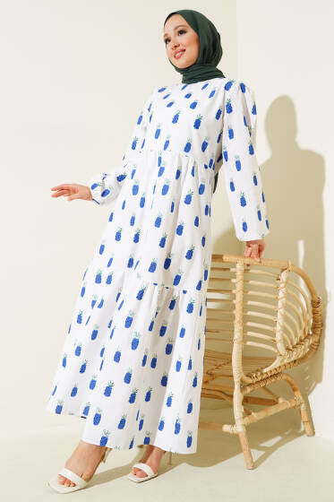 Ananas Desenli Terikoton Elbise Beyaz Saks - Beyaz Elbise