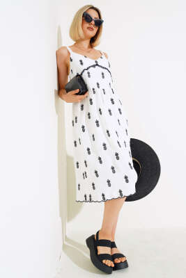 Ananas Nakışlı Askılı Elbise Beyaz - Kadın Giyim Modelleri