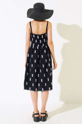 Ananas Nakışlı Askılı Elbise Siyah - Kadın Giyim Modelleri