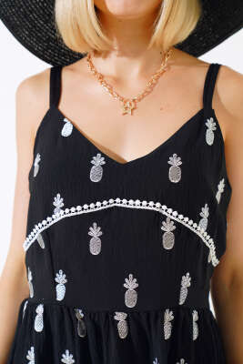 Ananas Nakışlı Askılı Elbise Siyah - Kadın Giyim Modelleri