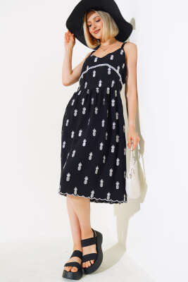 Ananas Nakışlı Askılı Elbise Siyah - TOP SHOW