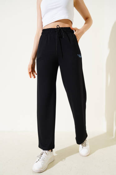 Angel Baskılı Bel Lastikli İpli Pantolon Siyah - Kadın Giyim Modelleri