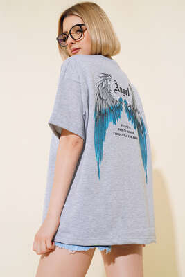 Angel Baskılı T-shirt Gri - Thumbnail