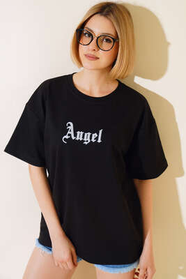 Angel Baskılı T-shirt Siyah - Thumbnail