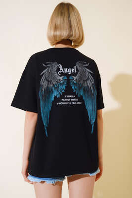 Angel Baskılı T-shirt Siyah - Thumbnail