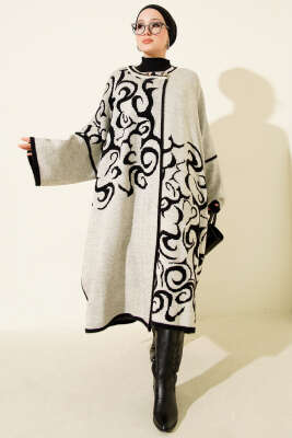 Angora Detaylı Yaka Düğmeli Panço Siyah Bej - ULUDAĞ TRİKO