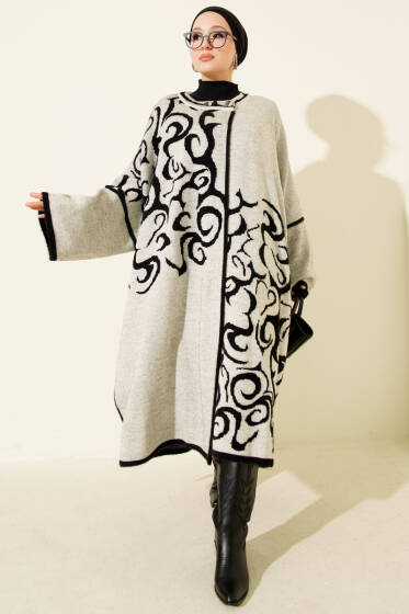 Angora Detaylı Yaka Düğmeli Panço Siyah Bej - Panço