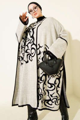 Angora Detaylı Yaka Düğmeli Panço Siyah Bej - Panço