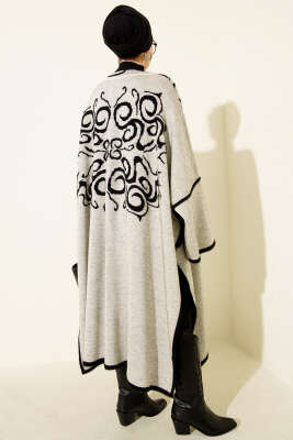 Angora Detaylı Yaka Düğmeli Panço Siyah Bej - Panço