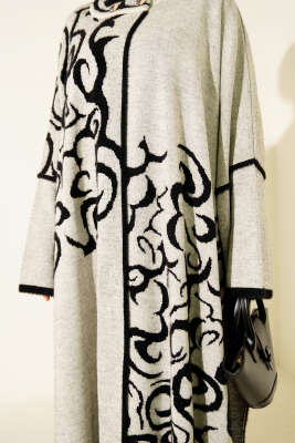 Angora Detaylı Yaka Düğmeli Panço Siyah Bej - Panço