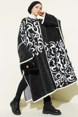 Angora Detaylı Yaka Düğmeli Panço Siyah Beyaz - ULUDAĞ TRİKO