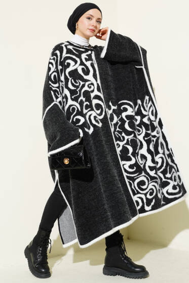 Angora Detaylı Yaka Düğmeli Panço Siyah Beyaz - Panço