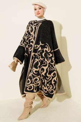 Angora Detaylı Yaka Düğmeli Panço Siyah - Panço
