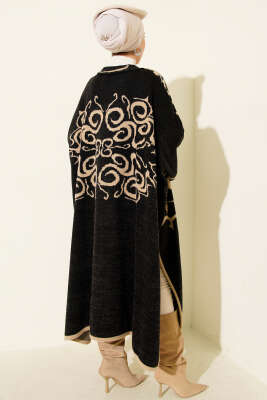 Angora Detaylı Yaka Düğmeli Panço Siyah - Panço