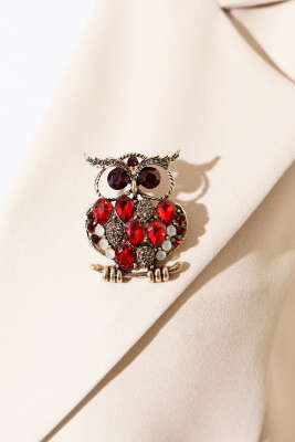 Antik Gold Kristal Taşlı Baykuş Broş Kırmızı - DEMİR BİJUTERİ