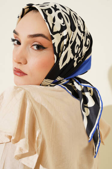 Antik Motif Twill Eşarp Saks - Başörtüsü