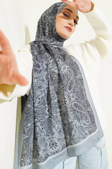 Antik Motifli Soft Şal Gri - Başörtüsü