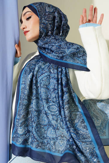 Antik Motifli Soft Şal Lacivert - Başörtüsü