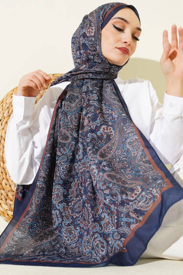 Antik Motifli Soft Şal Lacivert Kahve - Başörtüsü